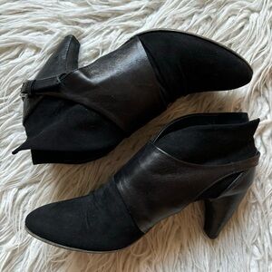 IXOS Black Suede Leather Overlay Buckle Heeled Notched Ankle Boot EUC Size 39.5